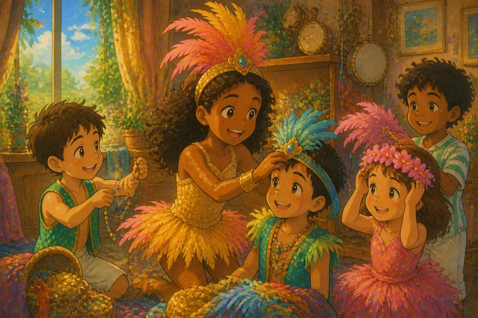 A young girl helping a group of children to put on handmade costumes, sharing kindness and joy.