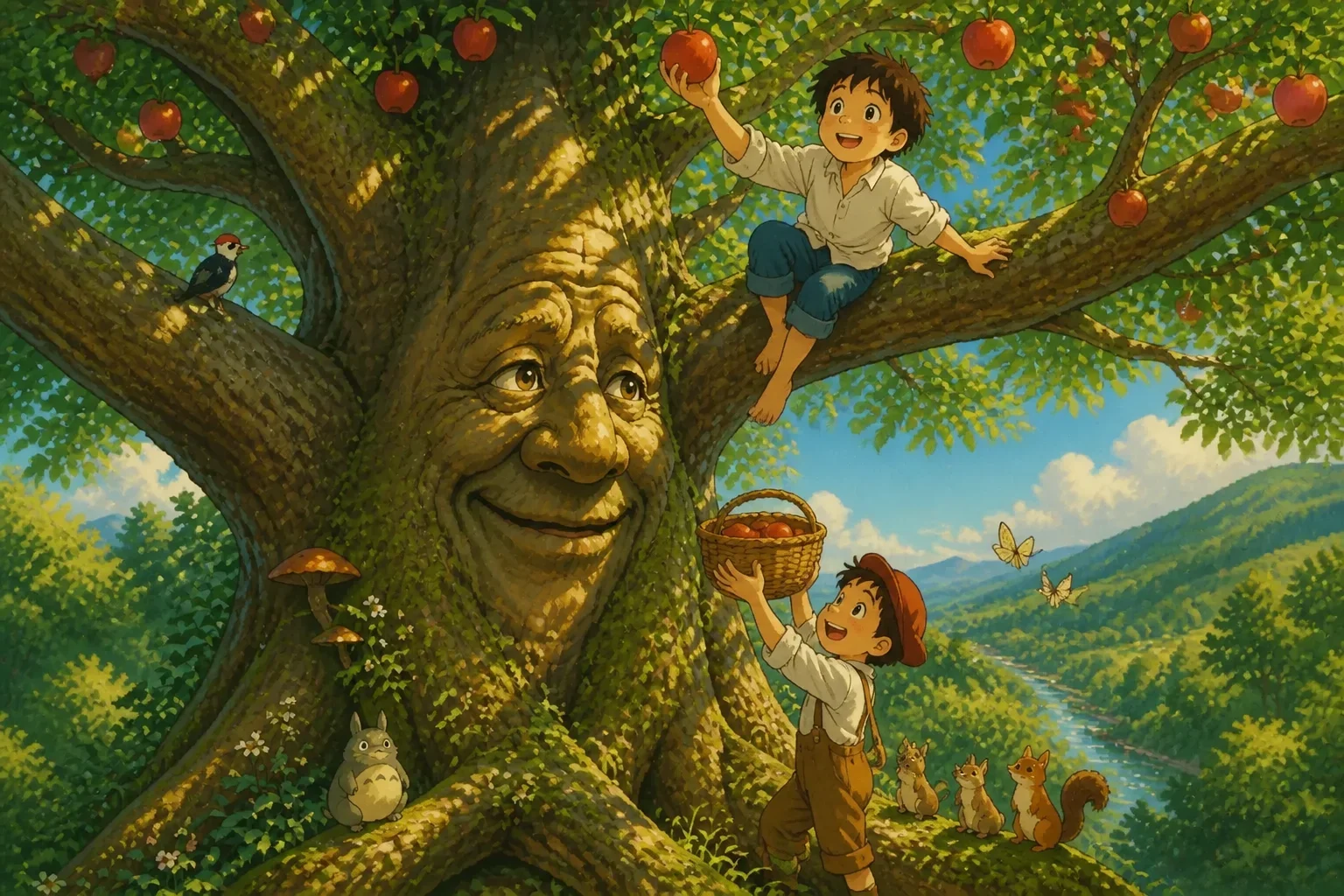 The boy, now a young man, climbing the tree and picking its bright red apples while the tree watches happily.