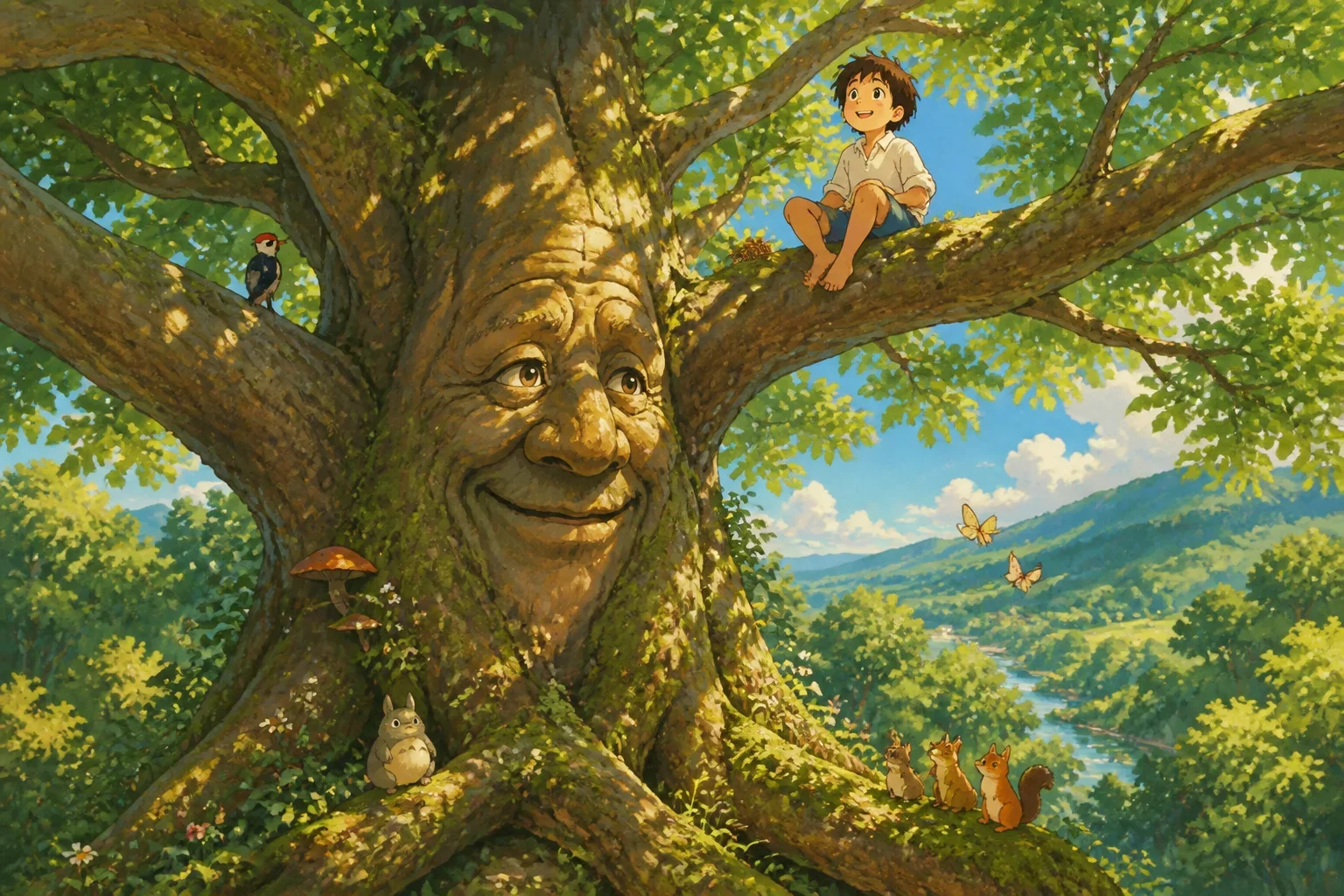 A large, majestic tree in a lush green forest with a young boy sitting happily on a high branch, feeling like a king.