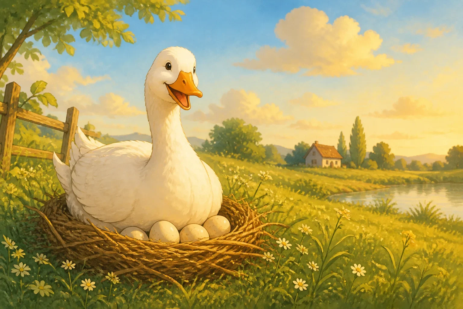 A peaceful countryside scene showing a goose sitting on a nest with a glowing golden egg, under a bright morning sky.