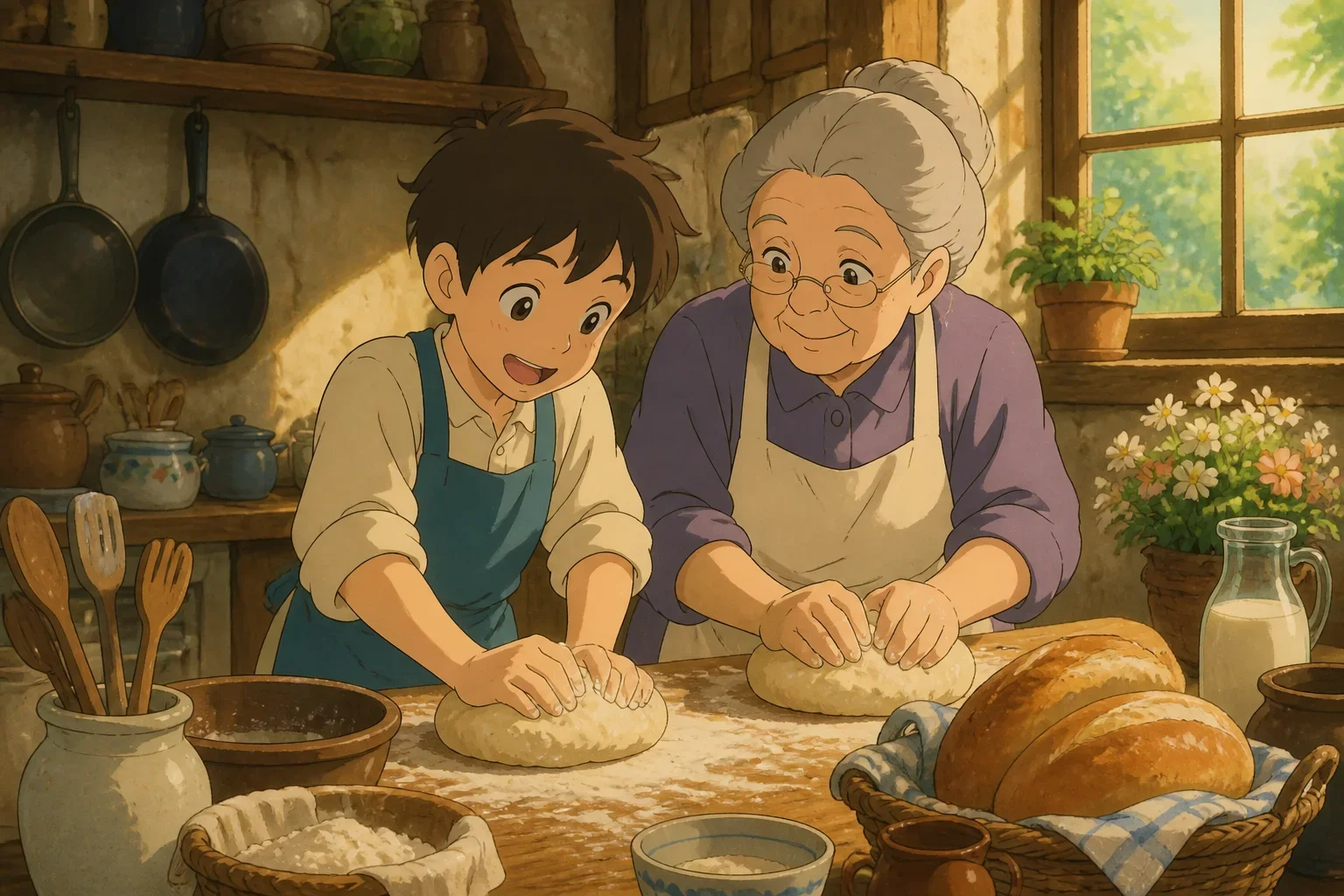 A young boy and his grandmother happily baking bread together in a warm, cozy kitchen with sunlight streaming in.