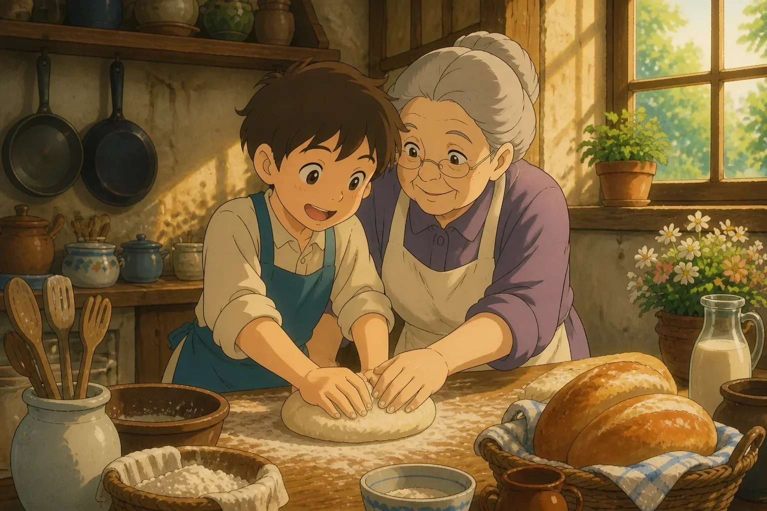 Grandma gently guiding her grandson Tommy as he kneads dough, with a look of concentration and love in her eyes.