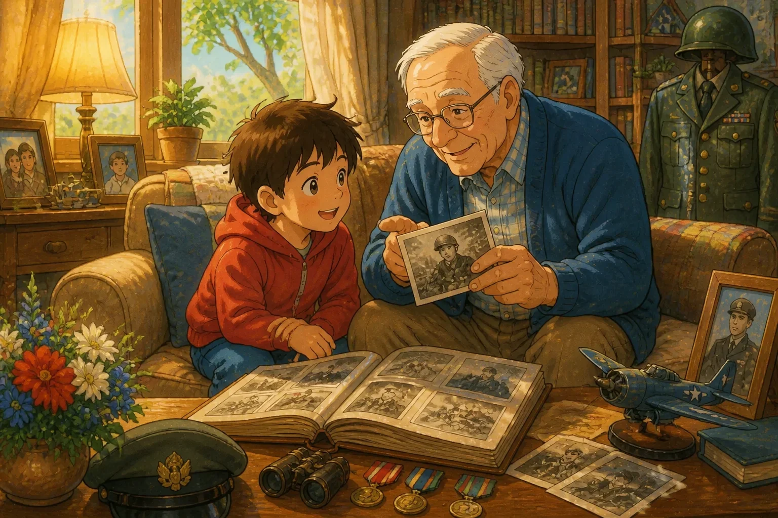 An elderly man showing photographs and telling stories about soldiers during a cozy indoor setting, with a young boy listening attentively, surrounded by family photos and warm lighting.