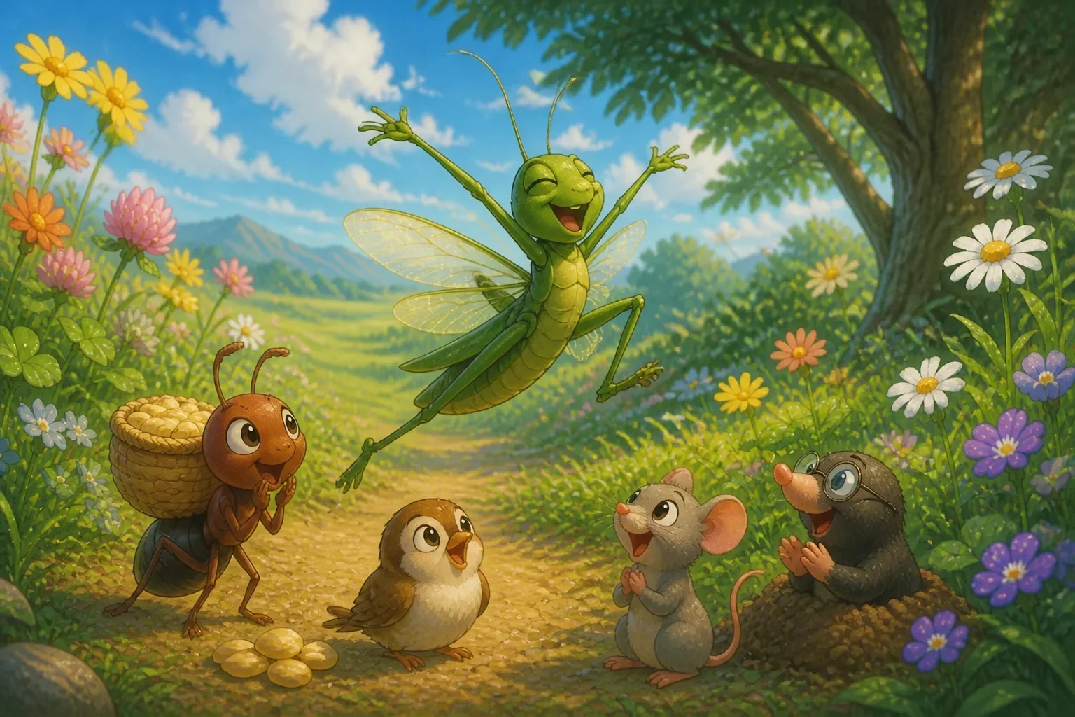 A tall, green grasshopper named Gary singing and leaping among flowers, surrounded by other meadow creatures enjoying his lively tune.
