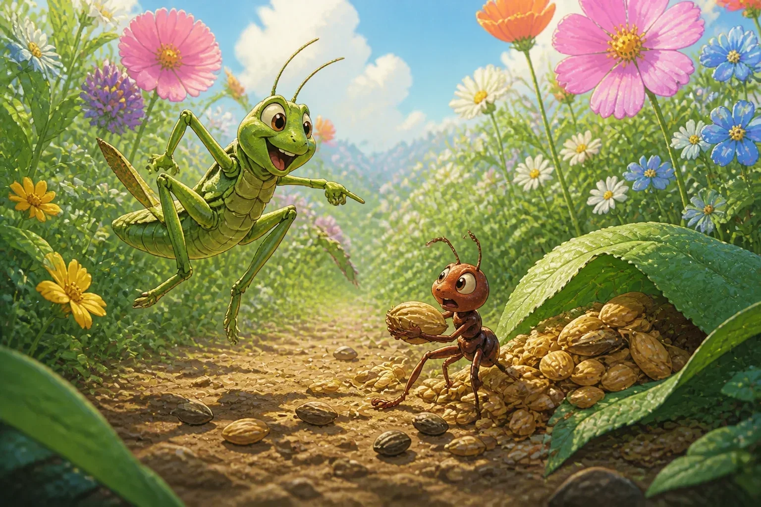 Greta the grasshopper hopping among colorful flowers, singing and playing in a sunny meadow.