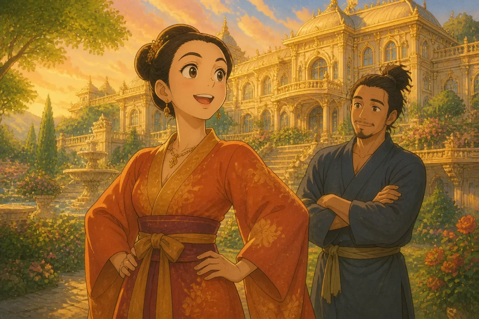 The wife stands happily in front of a grand mansion with gilded walls and lush gardens, dreaming of even more wealth and power, with her husband nearby.