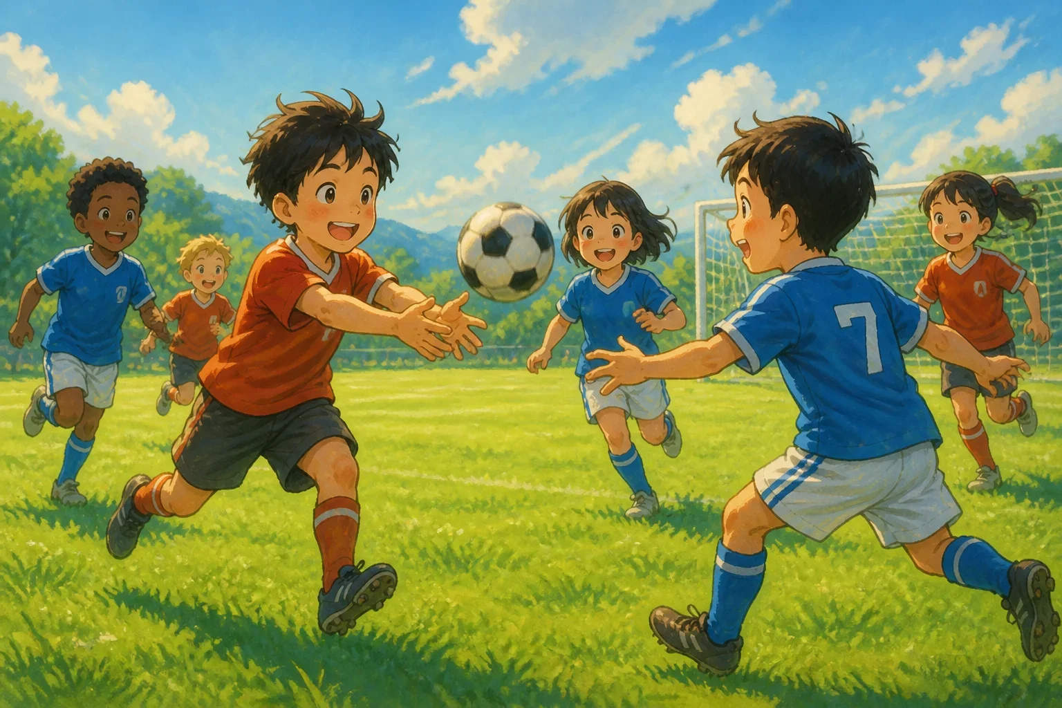 A joyful scene of children celebrating together on a sunny football field, with one child passing the ball to another and all smiling happily.