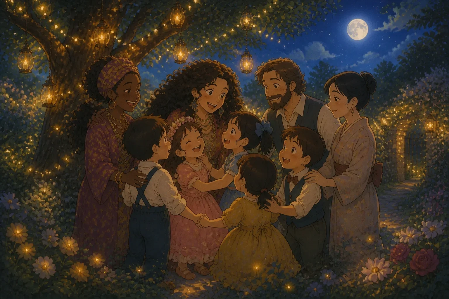 Children and adults standing together in a garden under a starry night sky, sharing heartfelt words and appreciating each other with smiles and hugs.