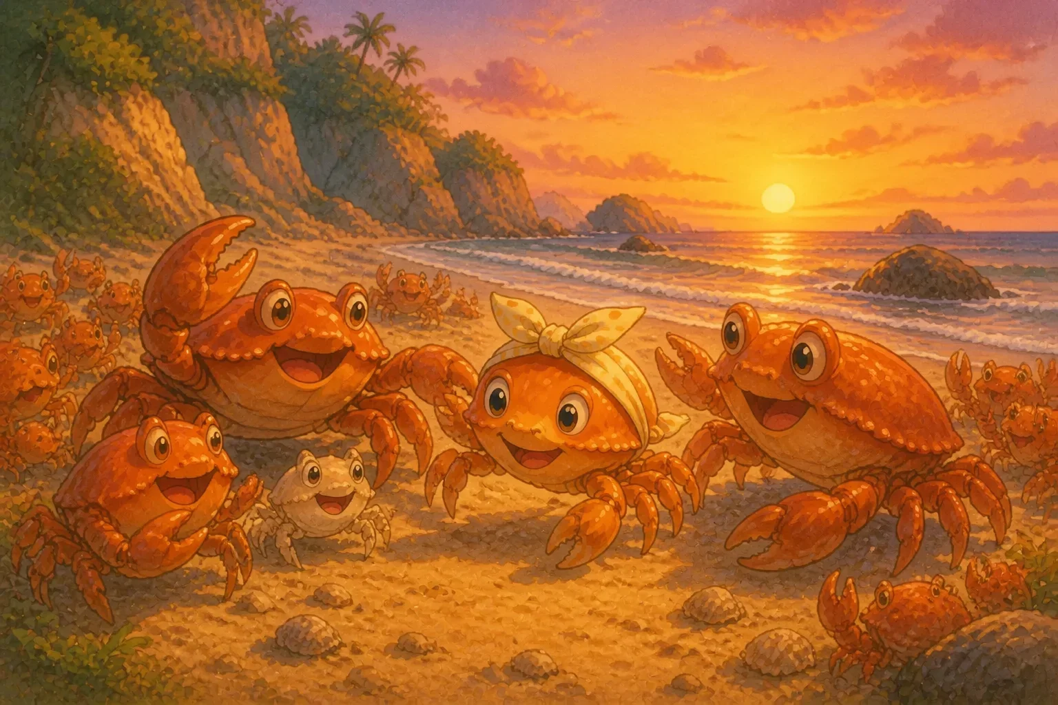 A joyful crab family enjoying the sunset by the sea, with the young crab smiling proudly, surrounded by friends.
