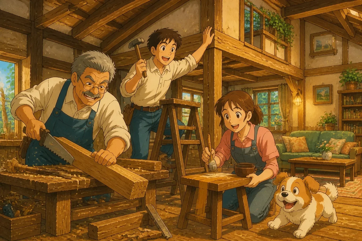 The carpenter repairing the house happily alongside the young couple, with a cozy, well-maintained interior and warm lighting, illustrating a happy ending.