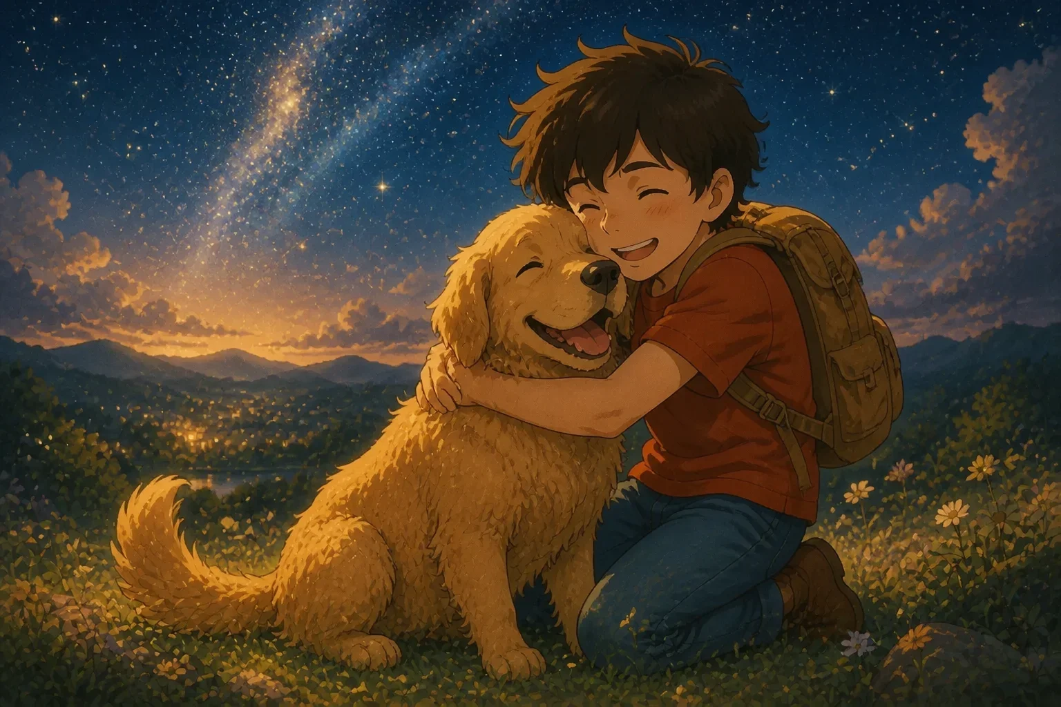 A joyful boy and dog sharing a happy reunion under a starry night sky, tail wagging and showing deep love and trust.