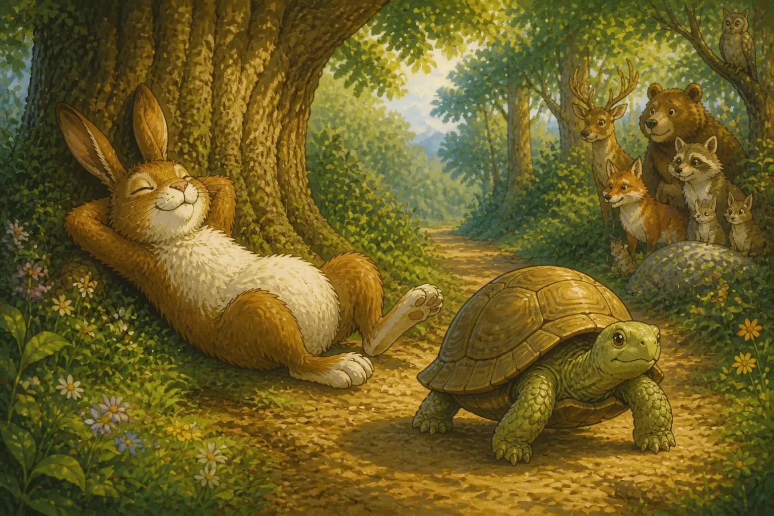 A vivid children's illustration showing a fast hare sleeping beneath a tree, with a slow-moving tortoise passing by in a lush forest scene, in a warm storybook style.