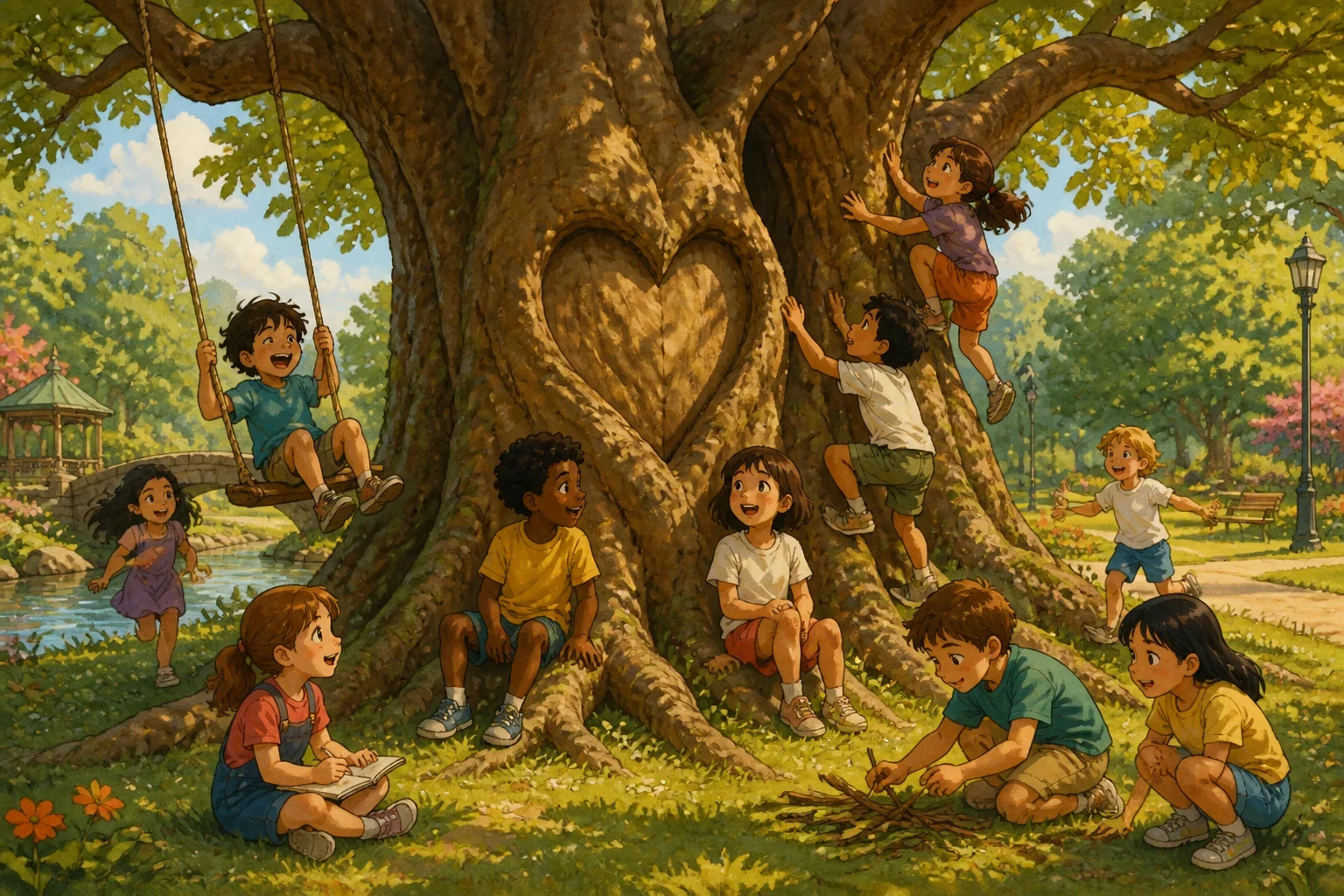 A vibrant, family-friendly illustration of a large, majestic Heartwood Tree with children gathered around it, celebrating friendship and unity in a lush, colorful park setting.