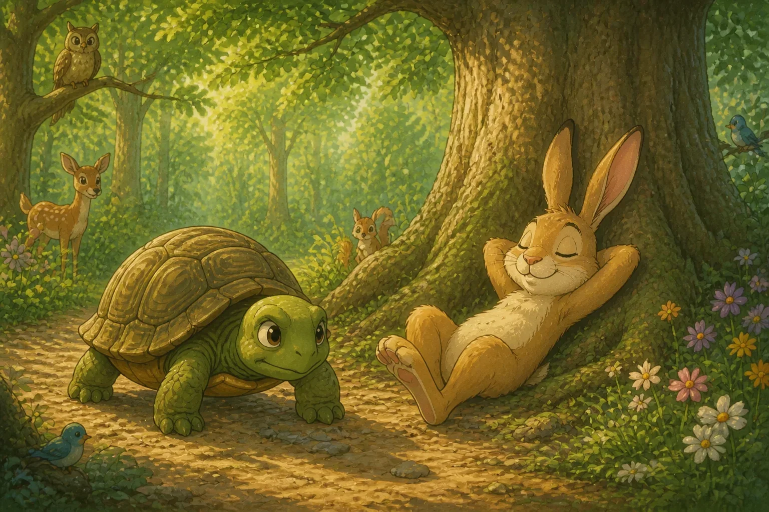 Harry the hare, overconfident and relaxed, naps under a large oak tree while Tina the tortoise steadily continues her slow but determined walk in the same forest.