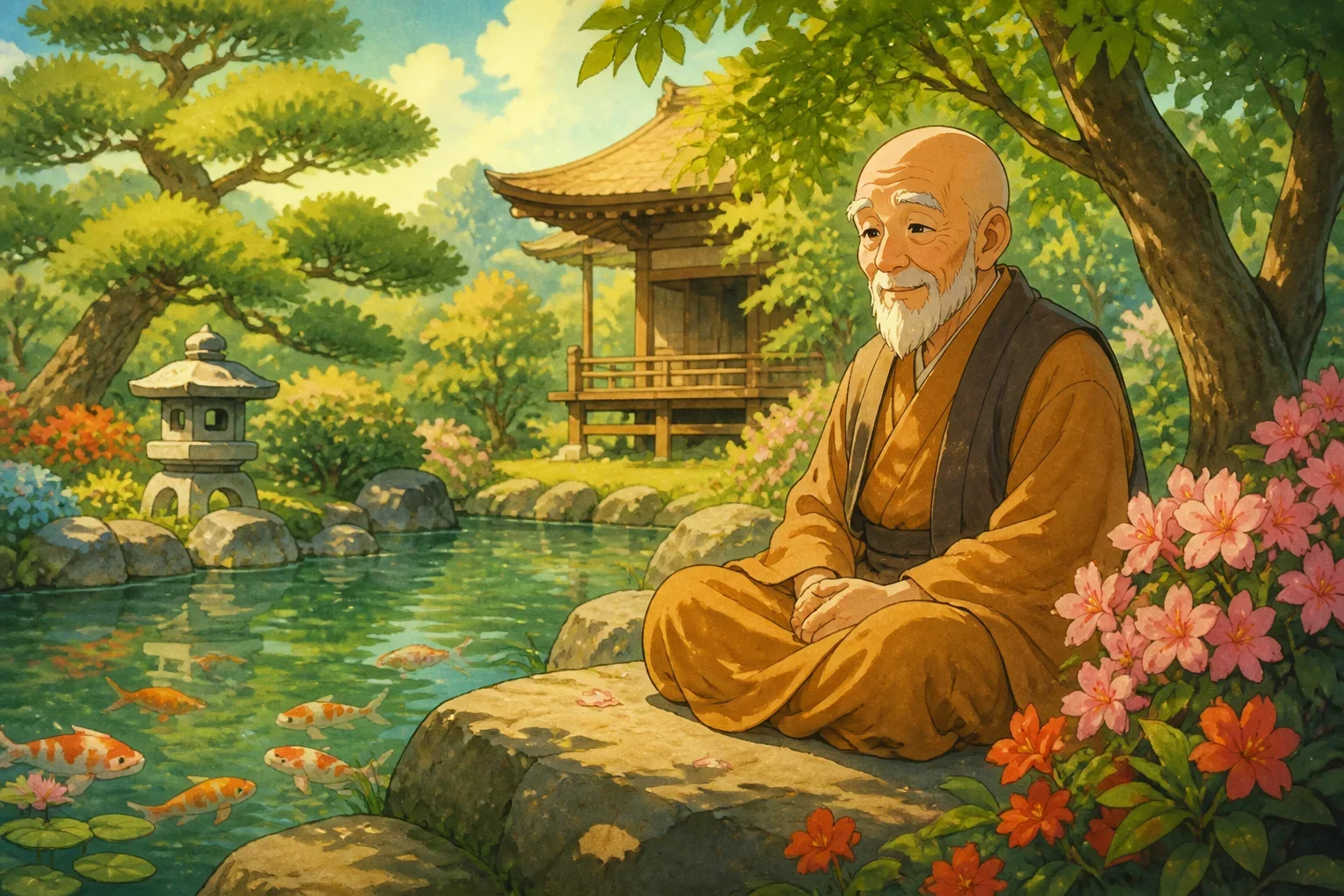 A wise monk sitting peacefully on a stone beside a calm, reflective pond in a tranquil temple garden, surrounded by lush trees and blooming flowers.