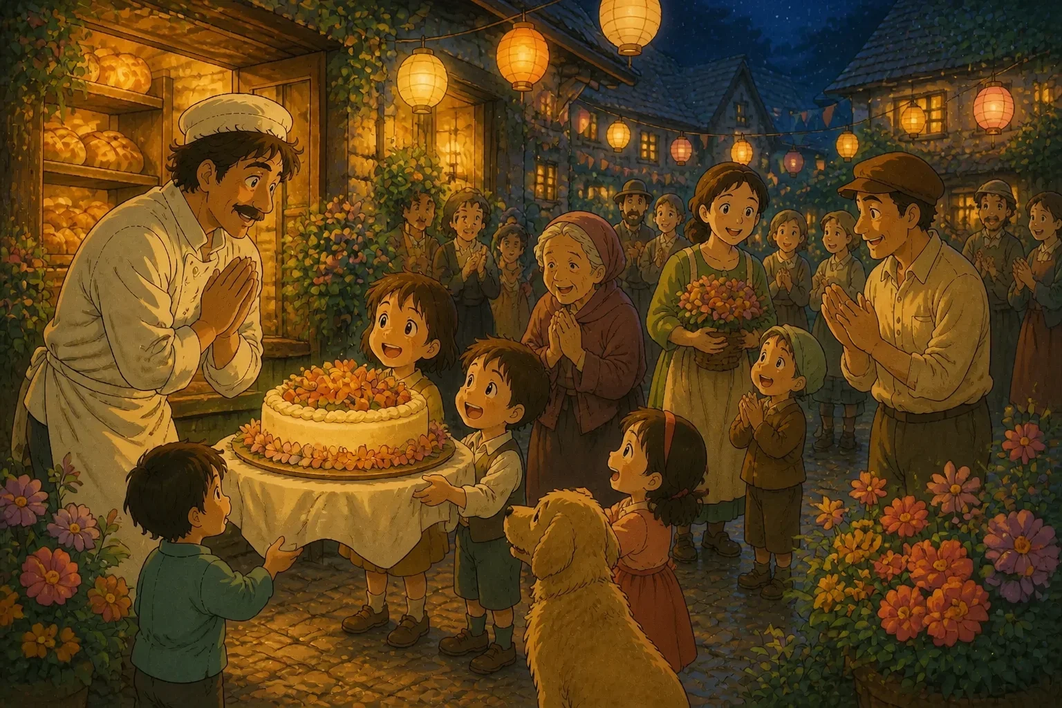 Villagers surprise the baker with a decorated cake at the harvest festival, everyone smiling happily.
