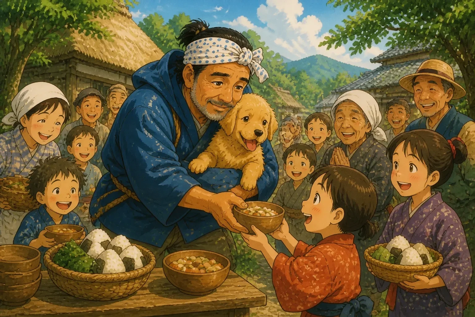 Kaito, along with Hachi, happily sharing a basket of vegetables and rice with villagers in a sunny village square, with smiling children and grateful neighbors receiving the food.
