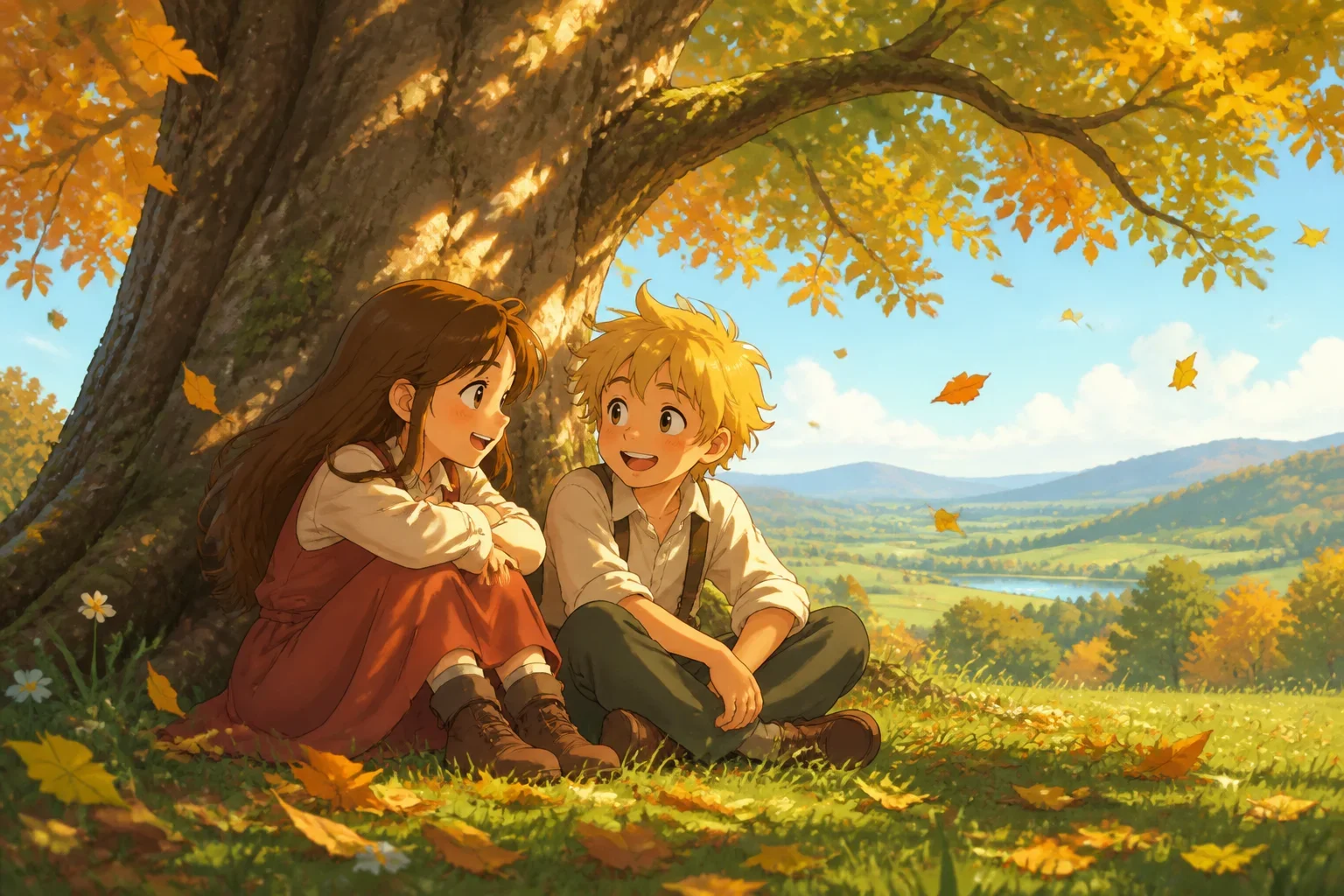 Mia, a young girl with long chestnut hair, meets Ethan, a boy with tousled blonde hair, sitting under an old oak tree in a scenic meadow with colorful leaves falling around them.