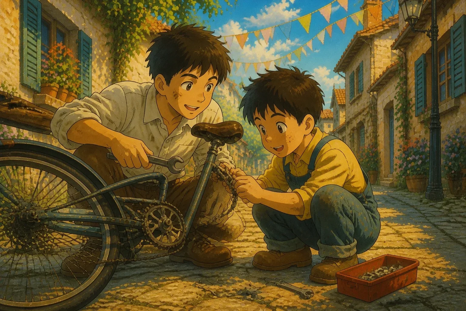 William helping Samuel fix his bicycle on the sidewalk, showing empathy and kindness.