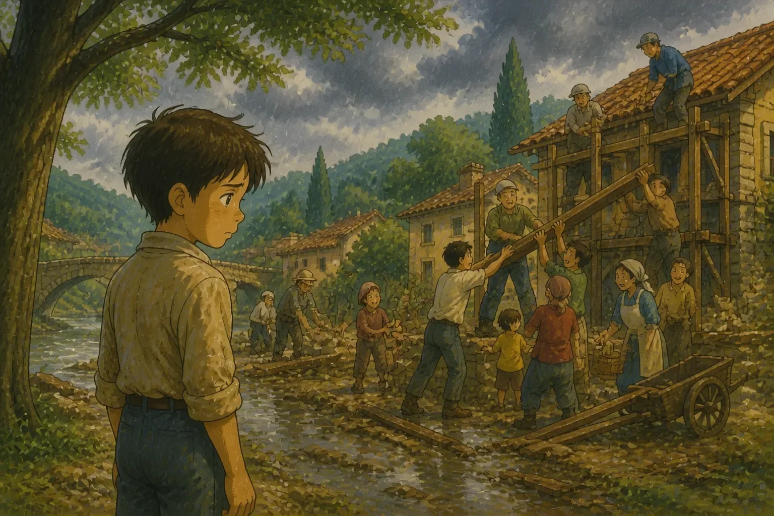 A remorseful boy with a sad expression looking at the villagers rebuilding their homes, with a faint reflection of greed in his eyes.