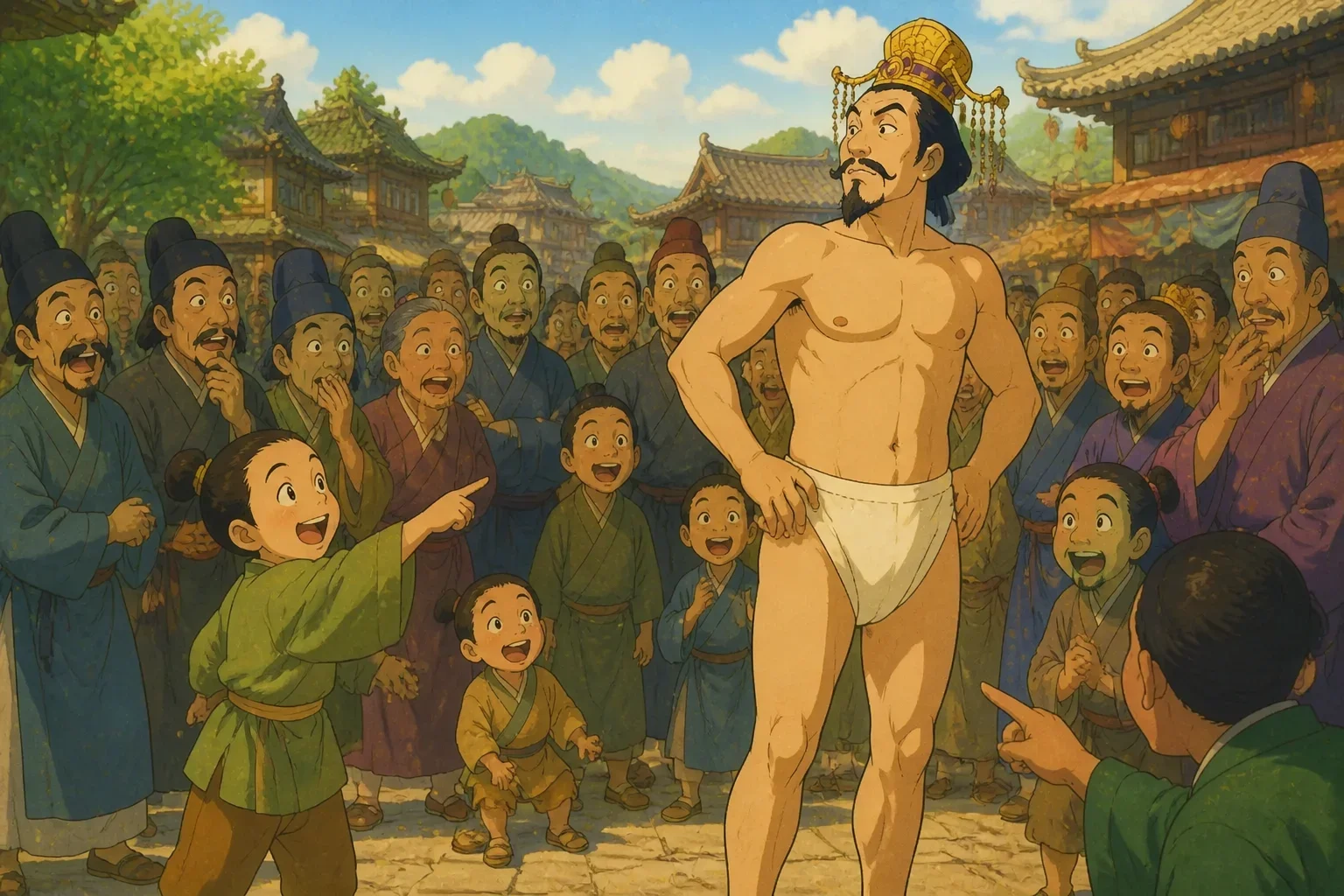 A young child pointing at the Emperor with a surprised and honest expression, as the Emperor stands briefly stunned in his near-nakedness, with the crowd reacting in shock and laughter.