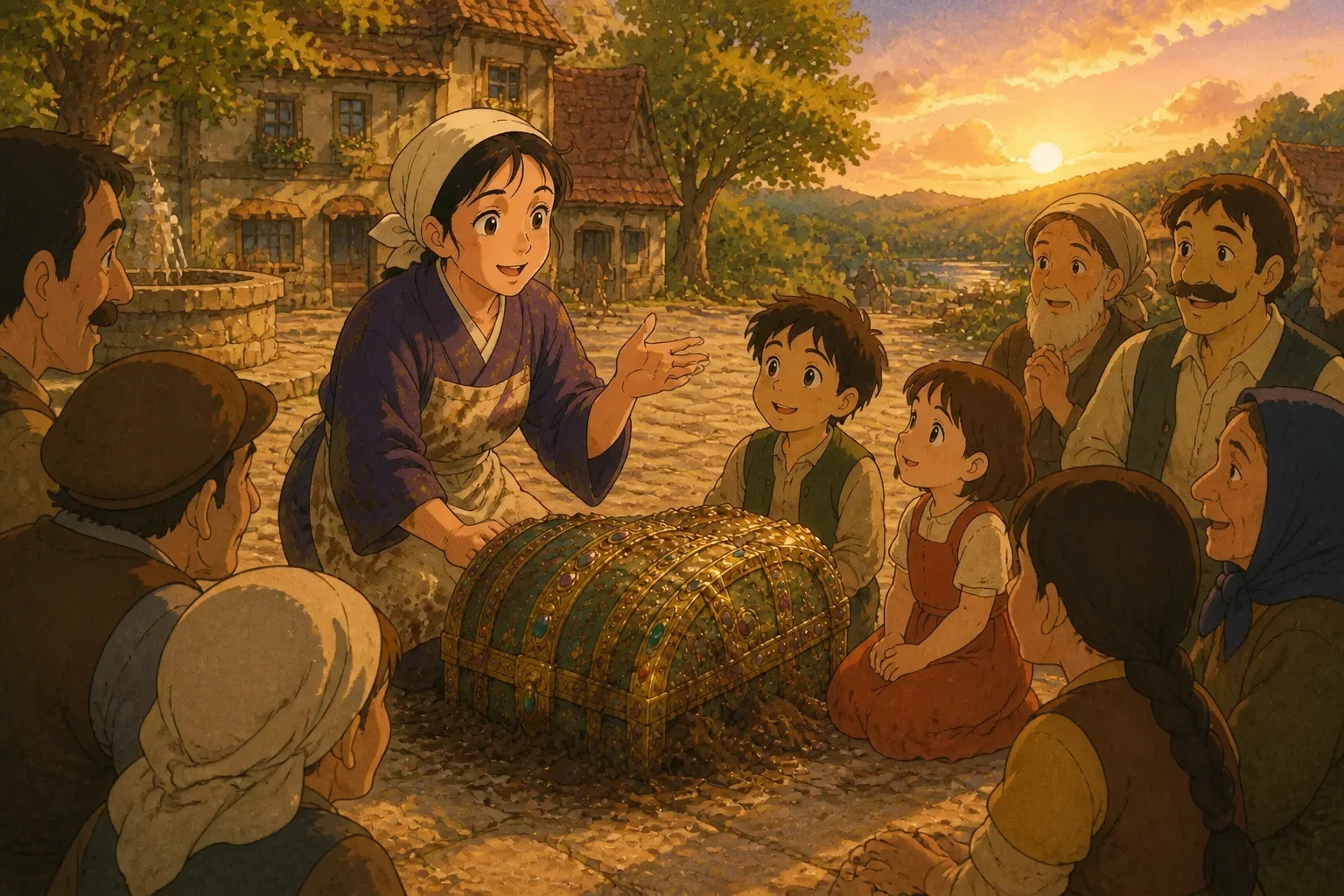 Elara and her children telling the villagers about the treasure, emphasizing honesty and integrity.