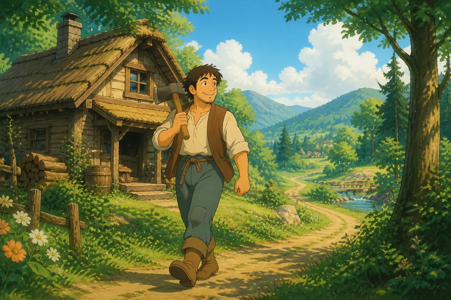 A peaceful village with a humble cottage, lush green hills, and a bright morning sky. Jack, the kind-looking woodcutter, is preparing to work in the forest, showing a scene of daily life.