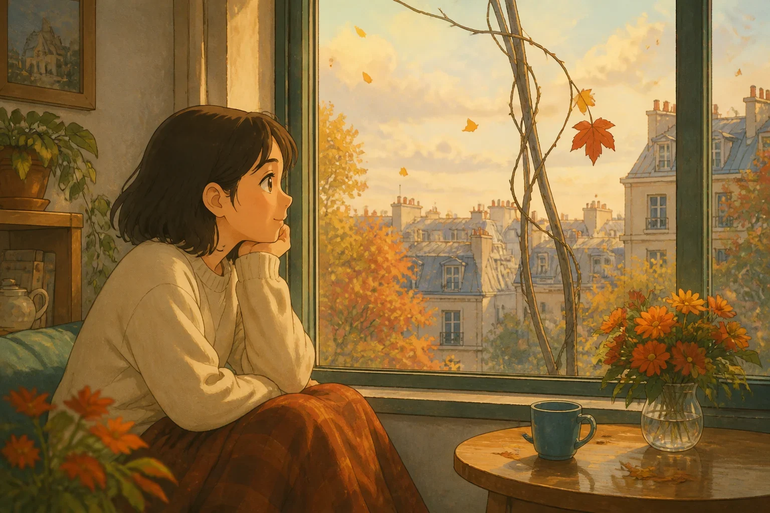 A young woman sitting by a window in a cozy apartment, gazing out at a vine with a single leaf still clinging to it as autumn leaves fall outside.
