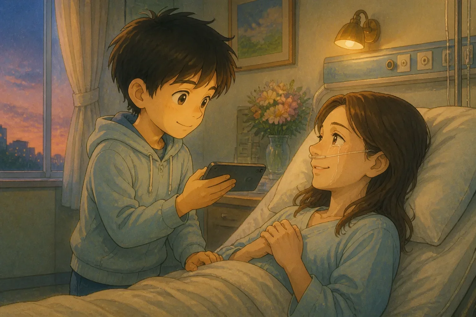 A small boy standing in a hospital room, holding a phone and playing a recording for his sick mother lying in bed, tears in his eyes and a look of longing.