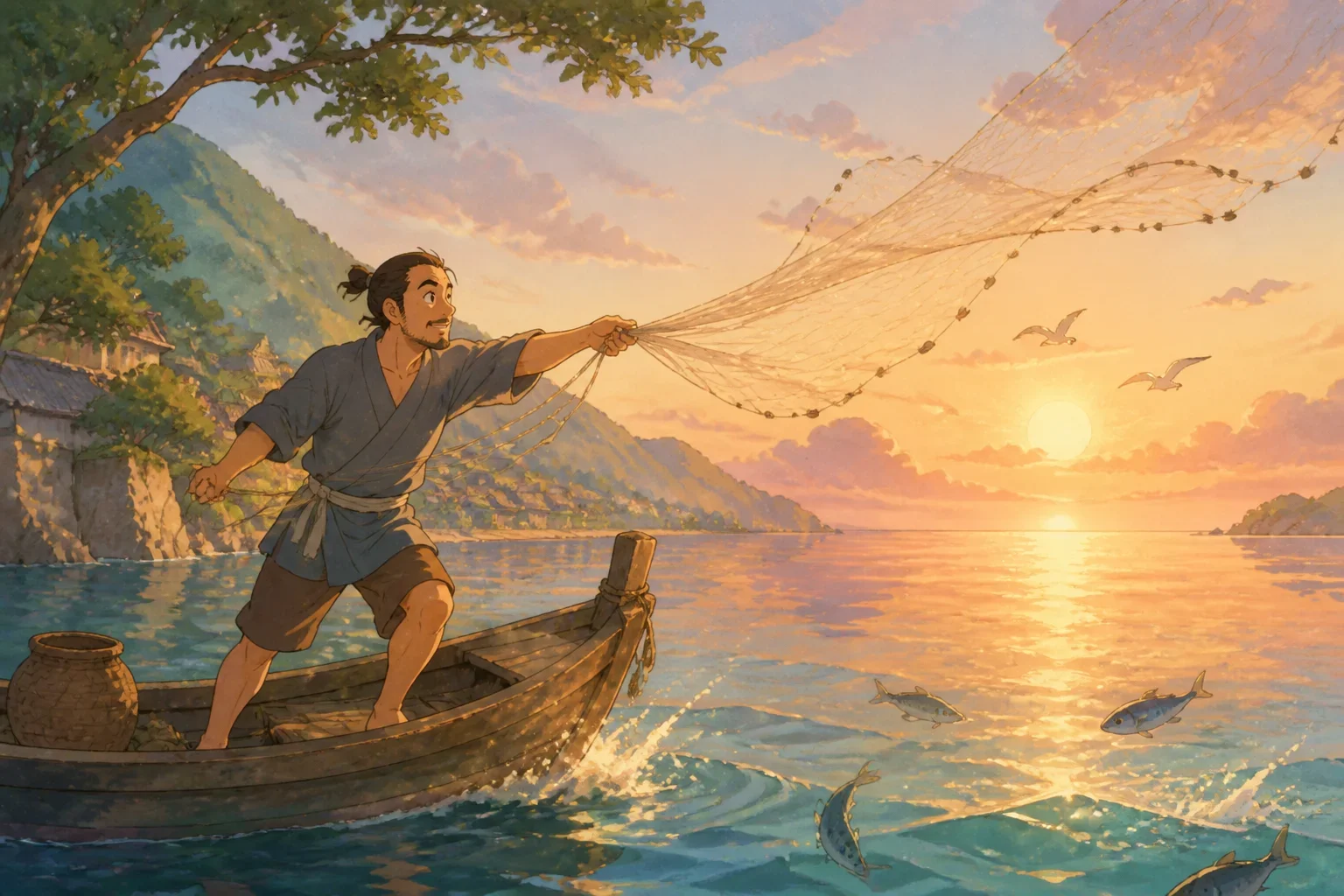 A humble fisherman in simple clothing casting his net into a calm, shimmering sea at dawn, with a small wooden boat nearby and a peaceful village in the background.