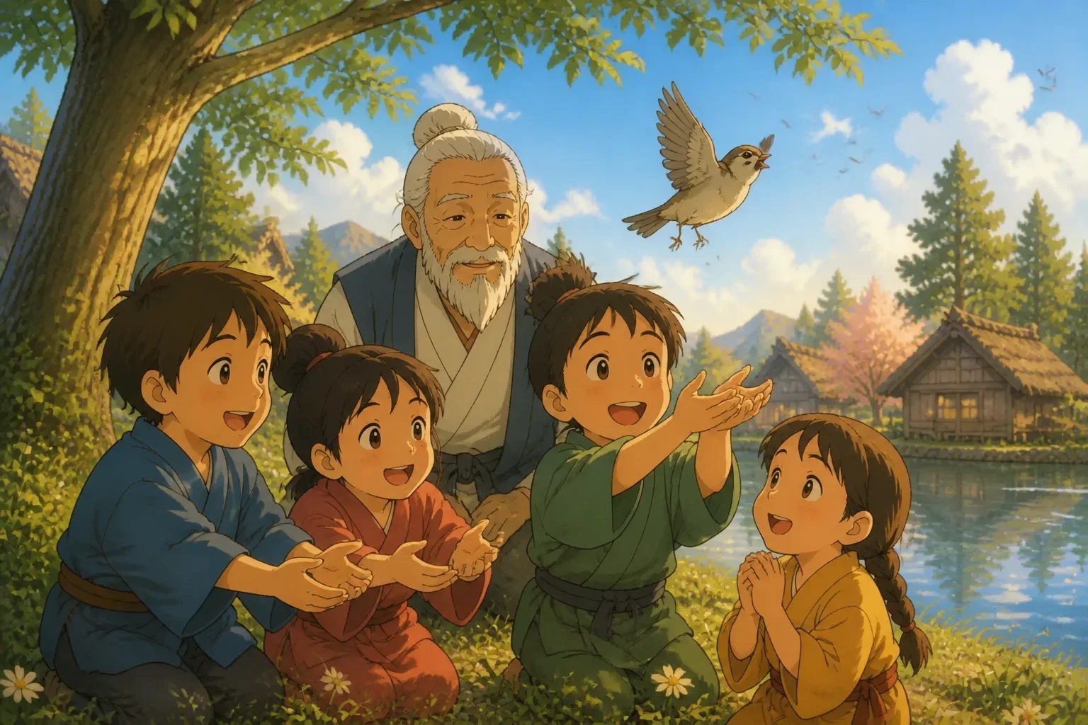 A gentle scene of children releasing a small bird into the open sky from their hands, under the watchful eye of the humble saint.
