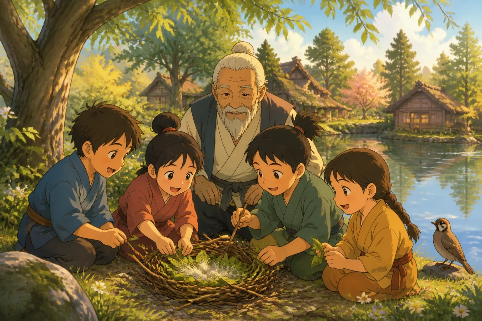 Children building a cozy nest for an injured bird near a pond, guided by a gentle, wise man in a peaceful village setting.