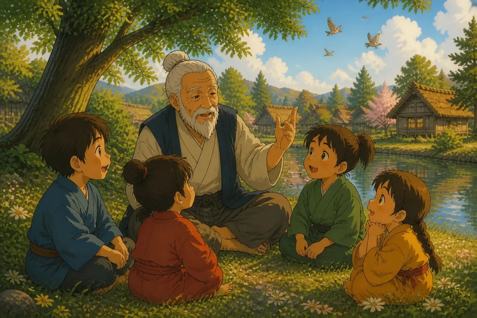 The humble saint sharing stories of flying birds and lessons of wisdom with children under a shady tree in the village.