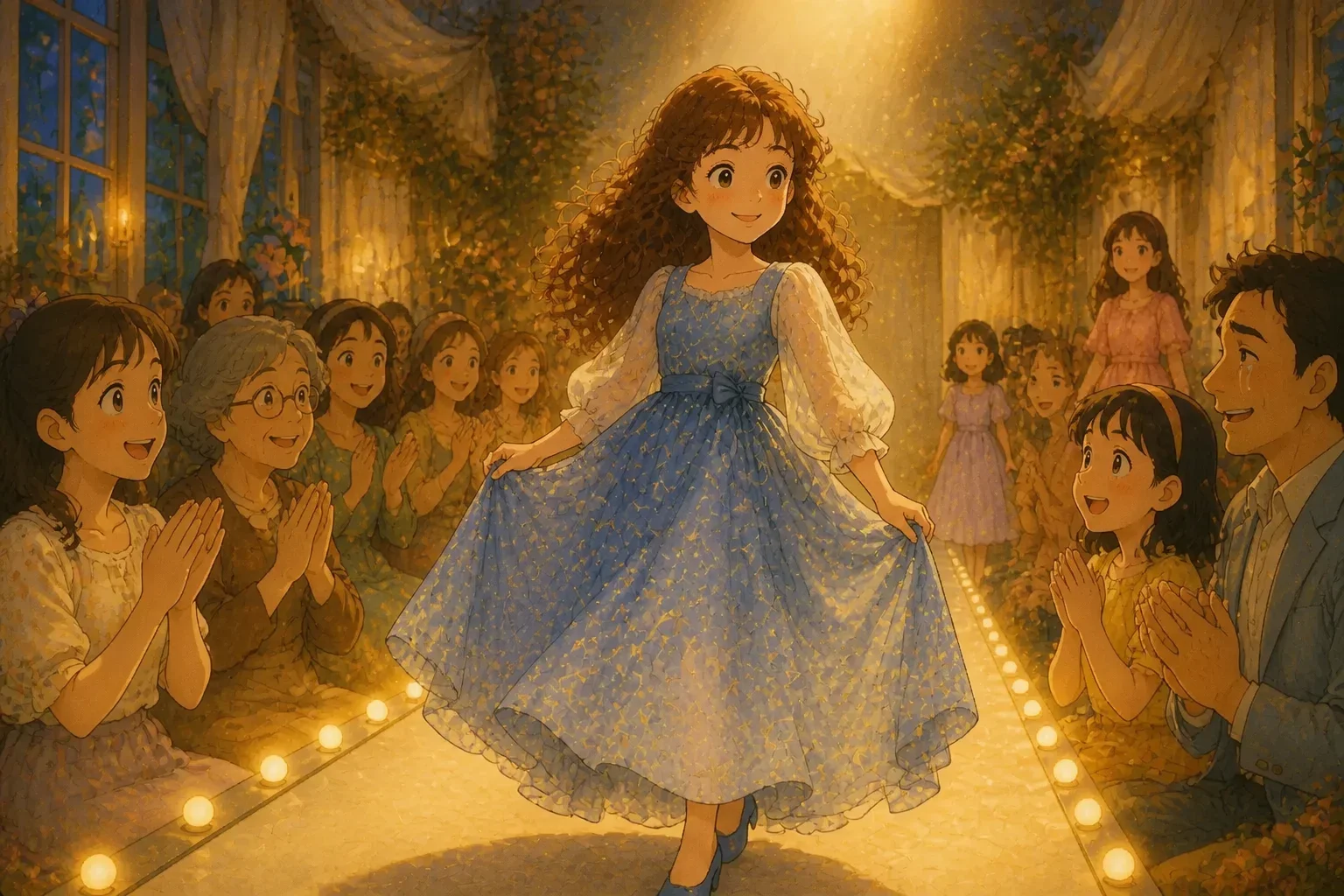 Isabella walking confidently down the runway showing her beautiful dress, with an audience moved and applauding, some with tears of admiration.