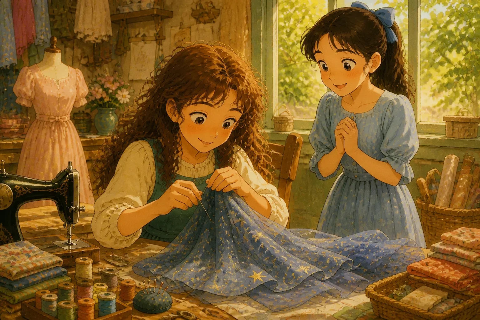 Isabella sewing a beautiful shimmering dress inspired by stars, with a gentle smile, as her friend Sophia watches proudly in the background.