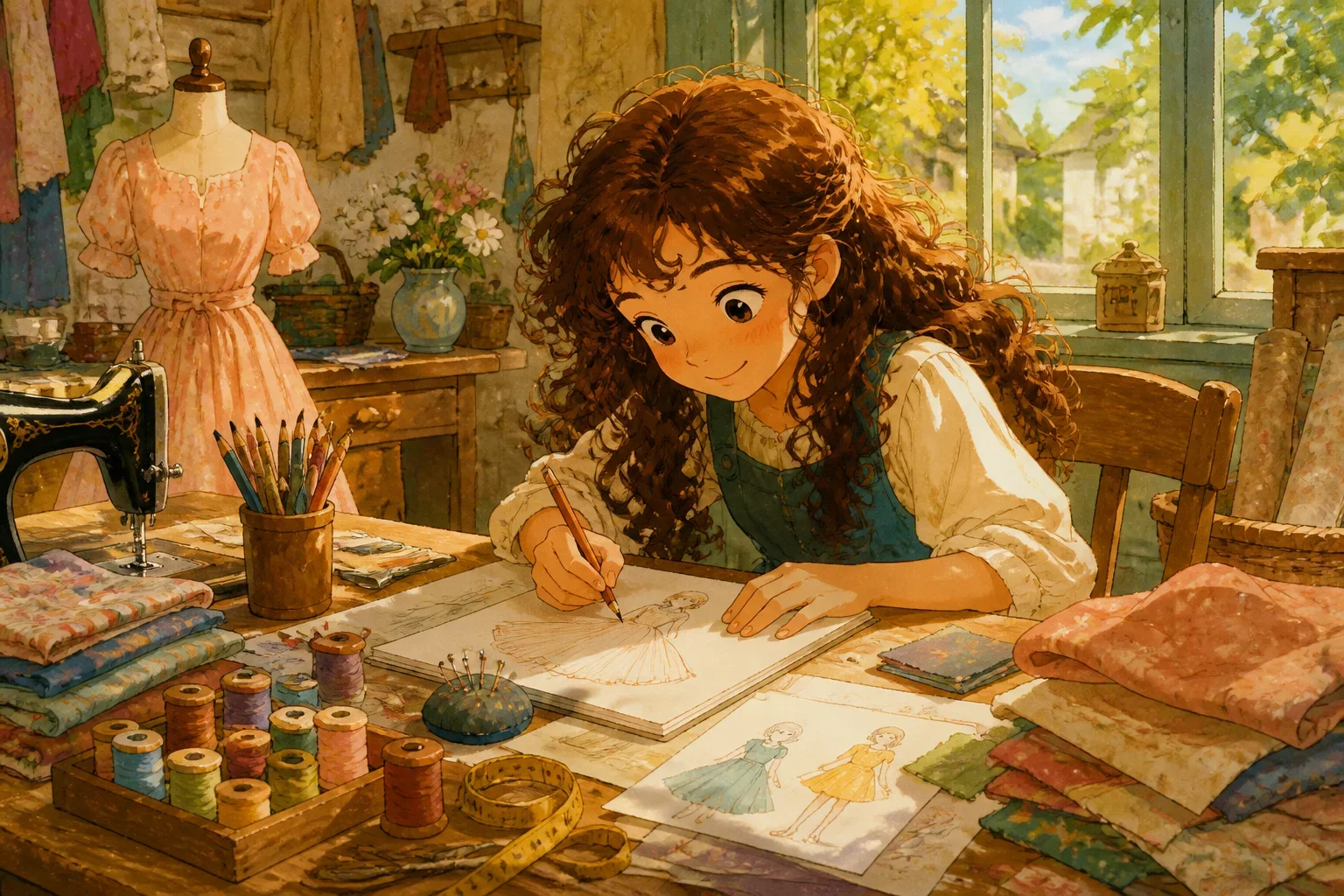 Young girl Isabella sitting at her desk sketching a dress design with colorful fabrics around her, her expression focused and inspired in her bright workshop.