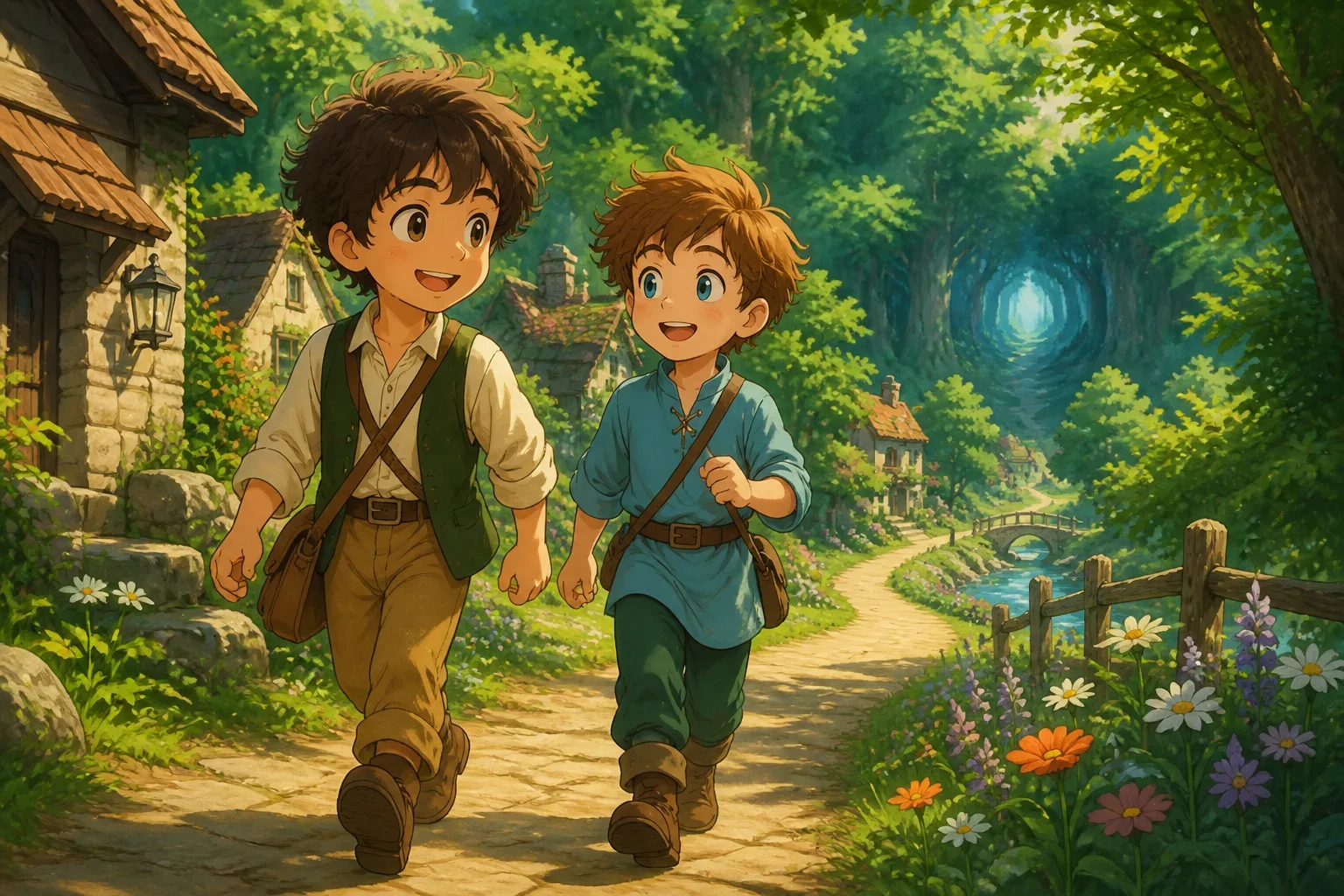 Two boys, Jack with curly brown hair and Tom with bright blue eyes, walking hand-in-hand along a village path towards a lush forest on a sunny day.