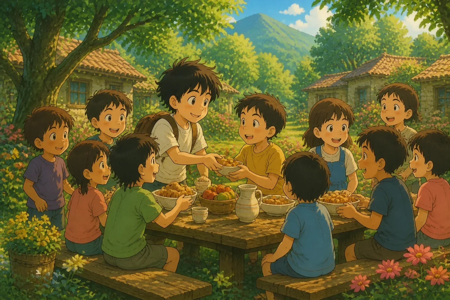 The village children, including Jack, sharing happy moments, with smiles and a sense of community, symbolizing the moral lesson of honesty and kindness.