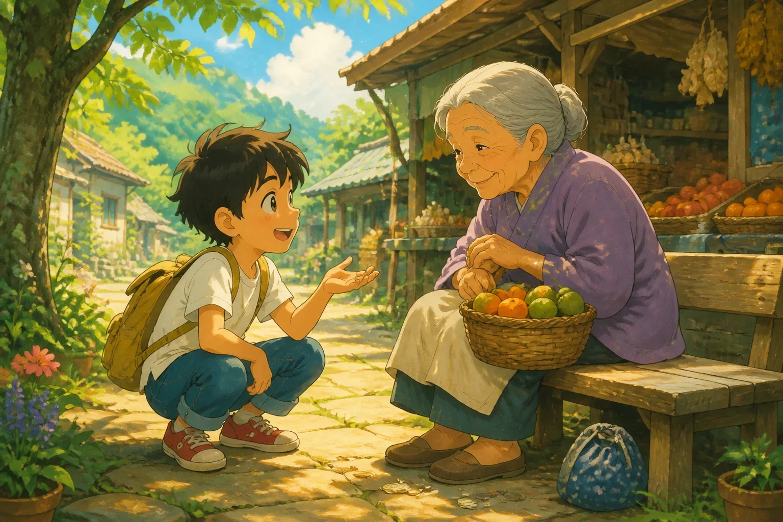 A young boy named Jack approaches an elderly woman sitting outside the village market, her face gentle and kind, holding a basket of colorful fruits, with scattered coins beside her.