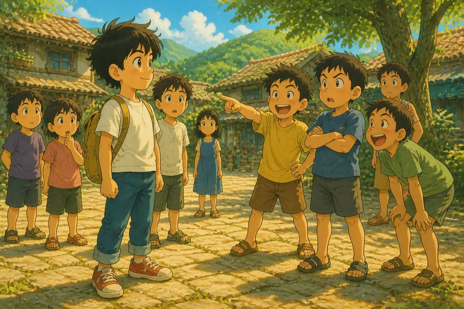 Jack stands confidently in front of a group of teasing schoolboys, one of whom is Billy; Jack’s expression is brave and honest, with the boys showing mixed reactions.