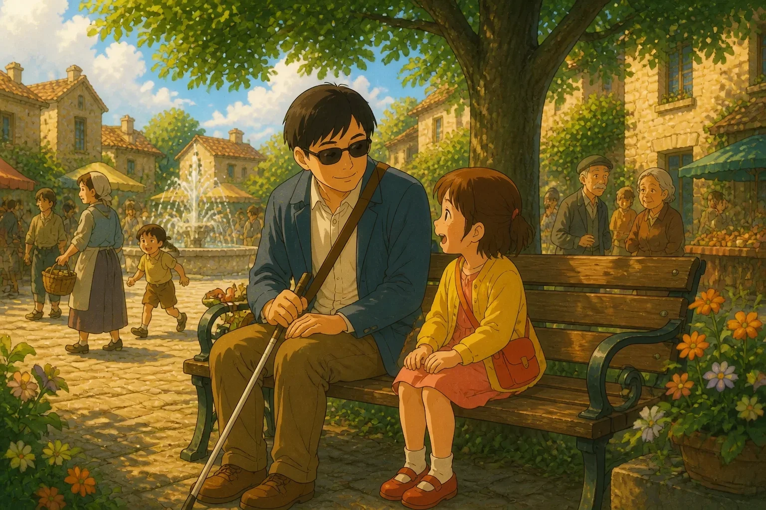 A gentle scene of Jacob sitting beside Lily, sharing a comforting story while the village scene continues in the background, both characters appearing hopeful and engaged.