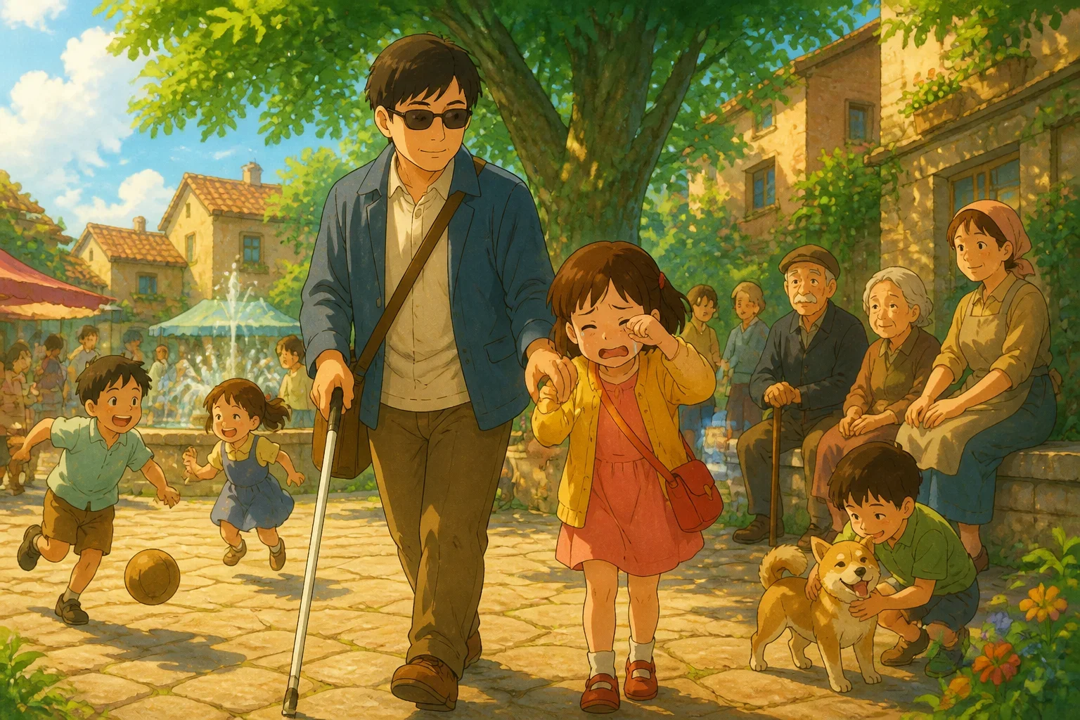 A blind man holding a cane gently guiding a young girl with tears in her eyes as they search for her lost puppy in the village square.