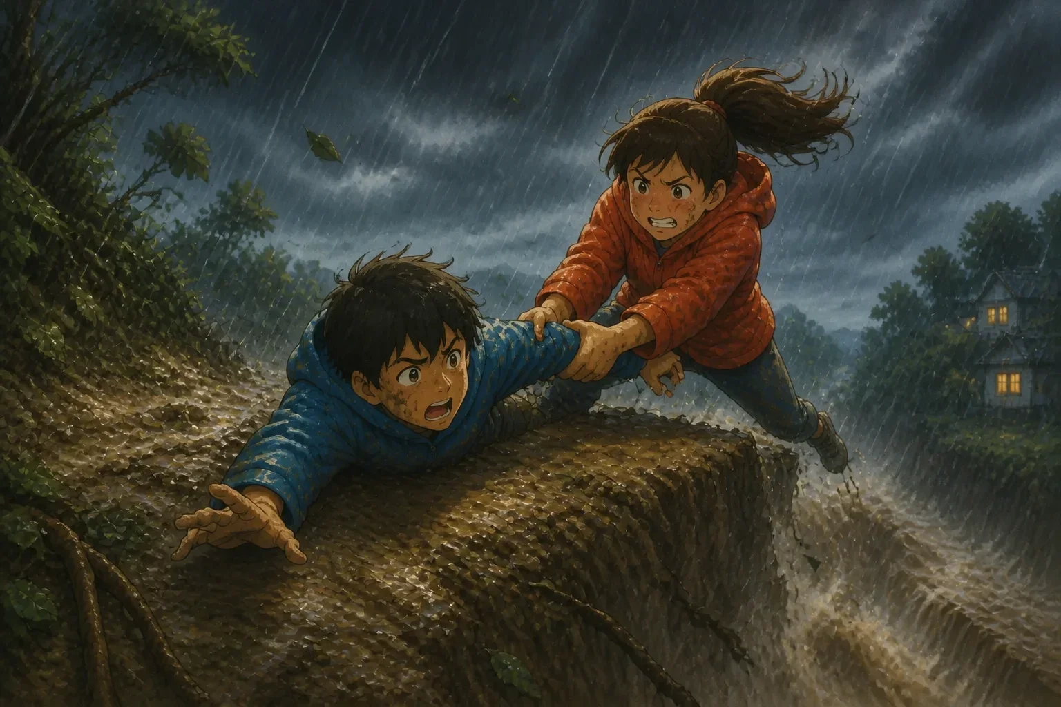 James reaching out to pull Robert from the edge of a muddy ravine during a storm, with strong winds and rain around them.