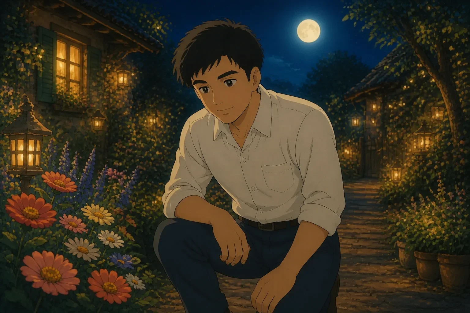 An emotional scene where John looks down in the moonlit garden after realizing the folly of his obsession, with a gentle expression of understanding and acceptance.