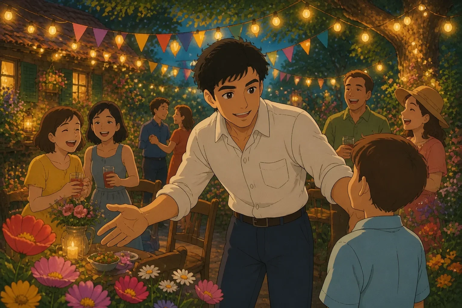 A lively outdoor party scene with friends dressed in nice clothes, celebrating in a decorated garden under string lights, capturing the joyful atmosphere as John hosts the gathering.