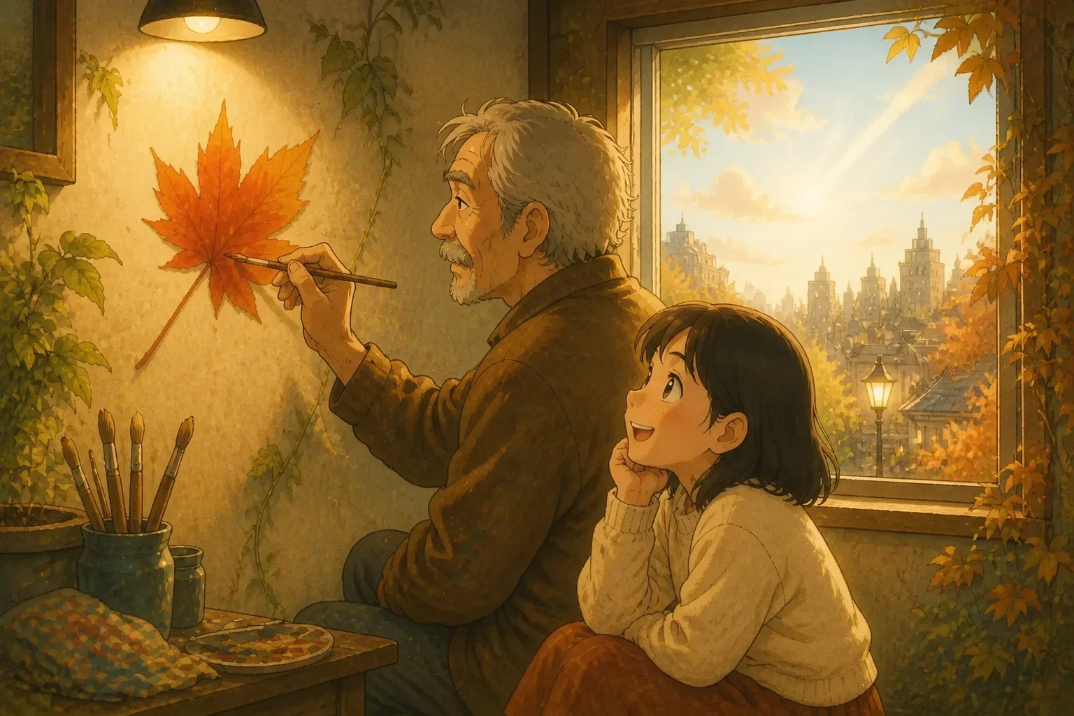 A young woman smiling softly, looking out her window at the painted leaf, with sunlight softly illuminating her face, symbolizing renewed hope and recovery.