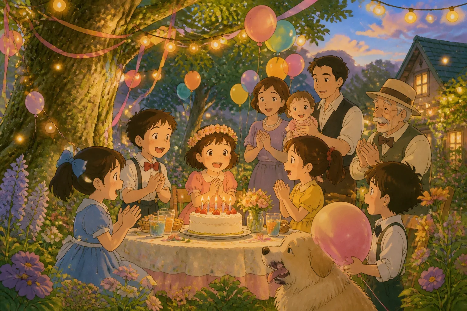 Children and adults gathered in a colorful garden decorated with balloons and fairy lights, celebrating a milestone with big smiles and cheerful expressions.
