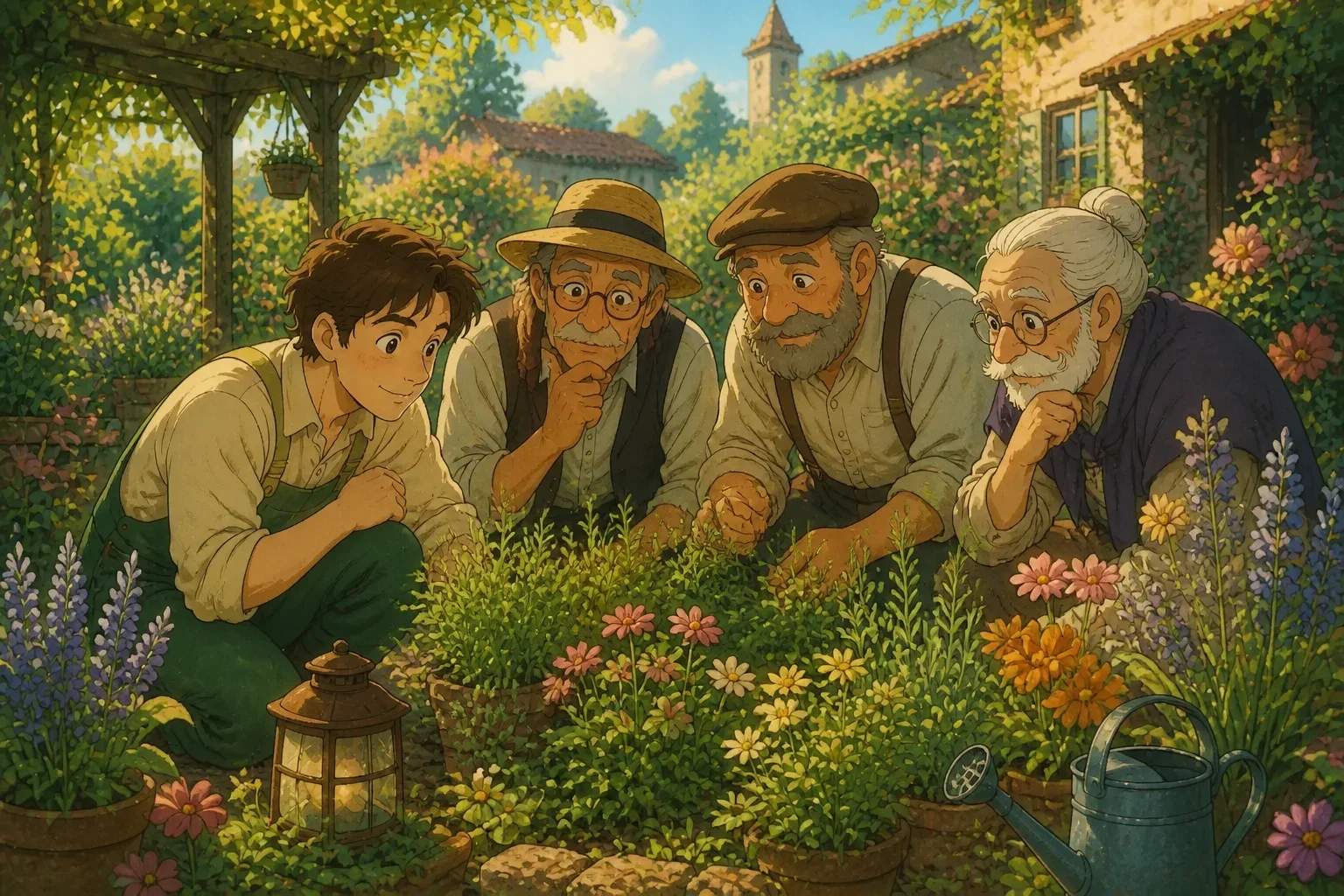 Three wise judges, carefully inspecting Tom's modest garden with interest and admiration in their expressions, amidst lush herbs and flowers.