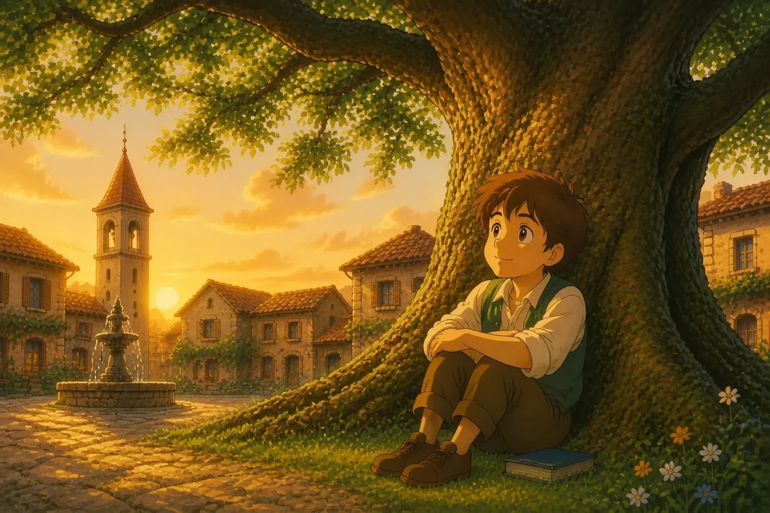 A vibrant children’s storybook illustration of a young boy sitting under an ancient oak tree, looking thoughtful and inspired.