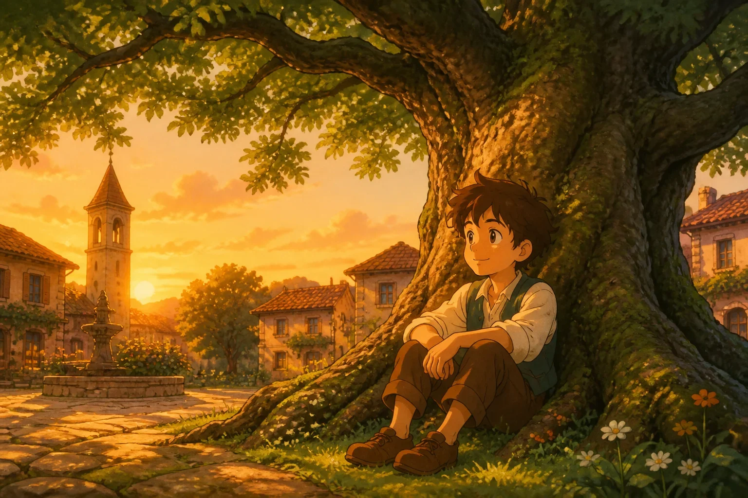 A young boy named Julian sitting under a large, ancient oak tree in a sunlit village square, looking thoughtful and a little worried.